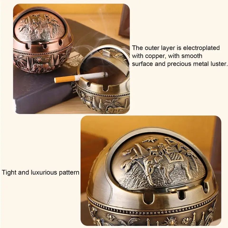 Antique Flip Ashtray, Vintage Windproof Ashtray with Flip Lid, Elephant Spherical Ashtray For Smoking, Metal Instant Smokeless Ashtray, Retro Round Ash Holder, Anti-fall Portable Cigarettes Ashtray, Anti Fall Tobacco Ash Tray