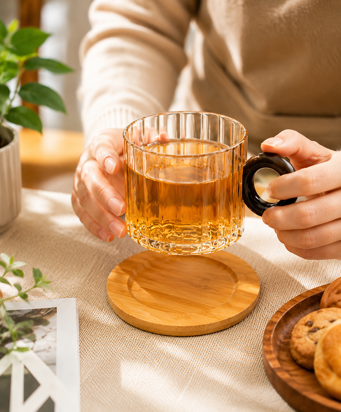 6pcs Ribbed Glass Cups with Bamboo Stand, Countertop Glass Mug Holder And Coaster Set, Fluted Glass Mugs with Bamboo Rack