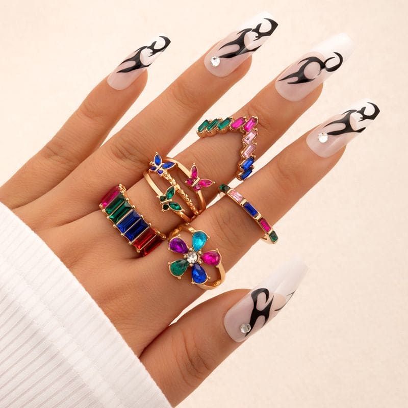 Set Of 5 Colorful Crystal Geometric Rings, Butterfly Flower Charm Finger Ring, Crystal Stone Inlaid Brick Ring Set for Women, Multicolor Stone Butterfly Ring Set