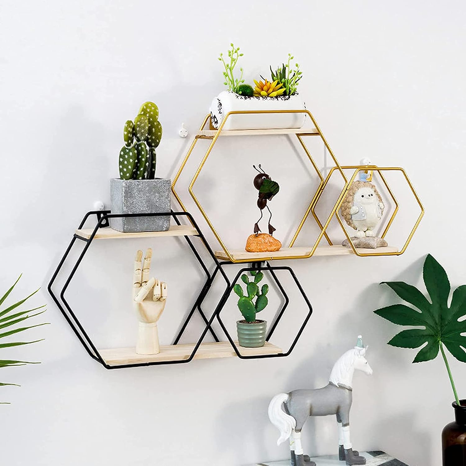 Double Layer Hexagonal Wall Floating Shelf, Nordic Style Hexagon Wall Shelf, Wall Mounted Rack for Books