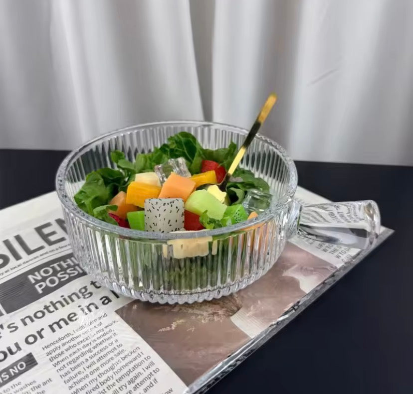 Elegant Ribbed Glass Bowl With Handle, Tableware Glass Salad Bowl, Transparent Glass Food Bowl,     Ribbed Glass Yogurt & Dessert Bowl