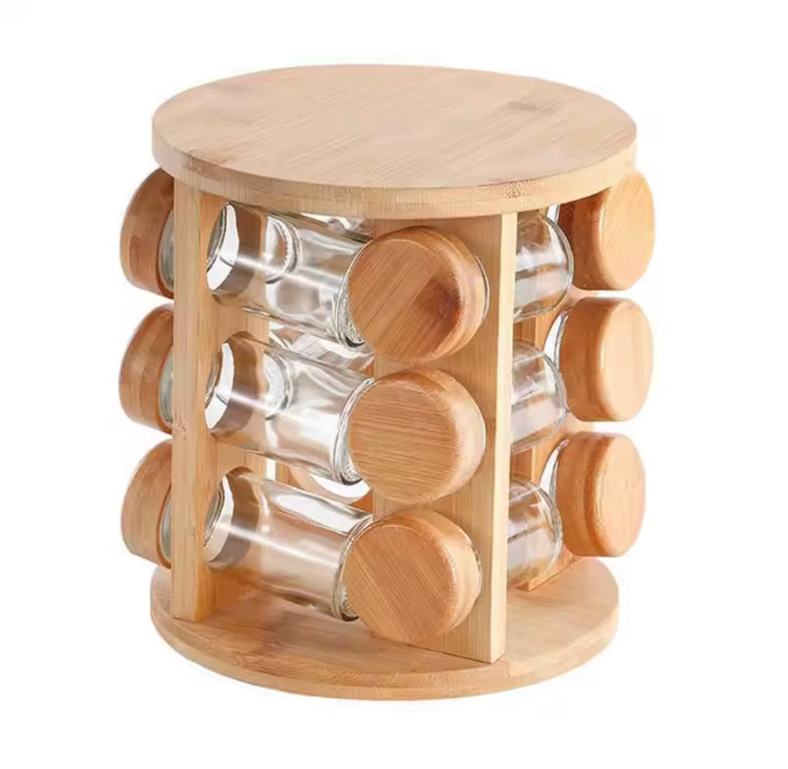 360° Rotating Wooden Spice Jar Organizer, Round Shape Kitchen Masala Rack with Jars Set, Spice Jar Stand, Kitchen Storage Organizer