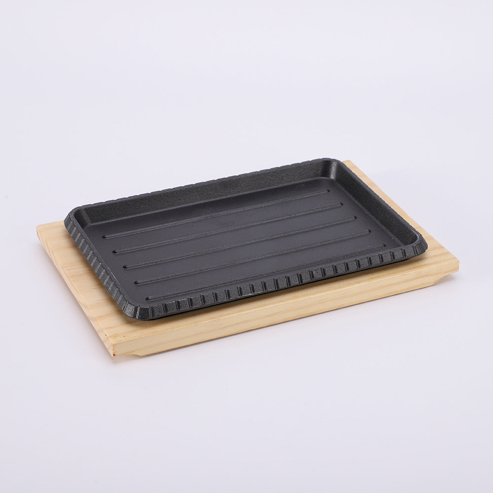 Wooden Base Sizzling Steak Platter, Wooden Base BBQ Grill Tray, BBQ Grill Plate with Heat Resistant Wooden Serving Base, Multi Purpose Grill Plate with Wooden Stand