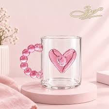 Cute Heart Glass Mug with Beaded Handle, Transparent Heart Glass Mug, Aesthetic Mug With Pearl Handle