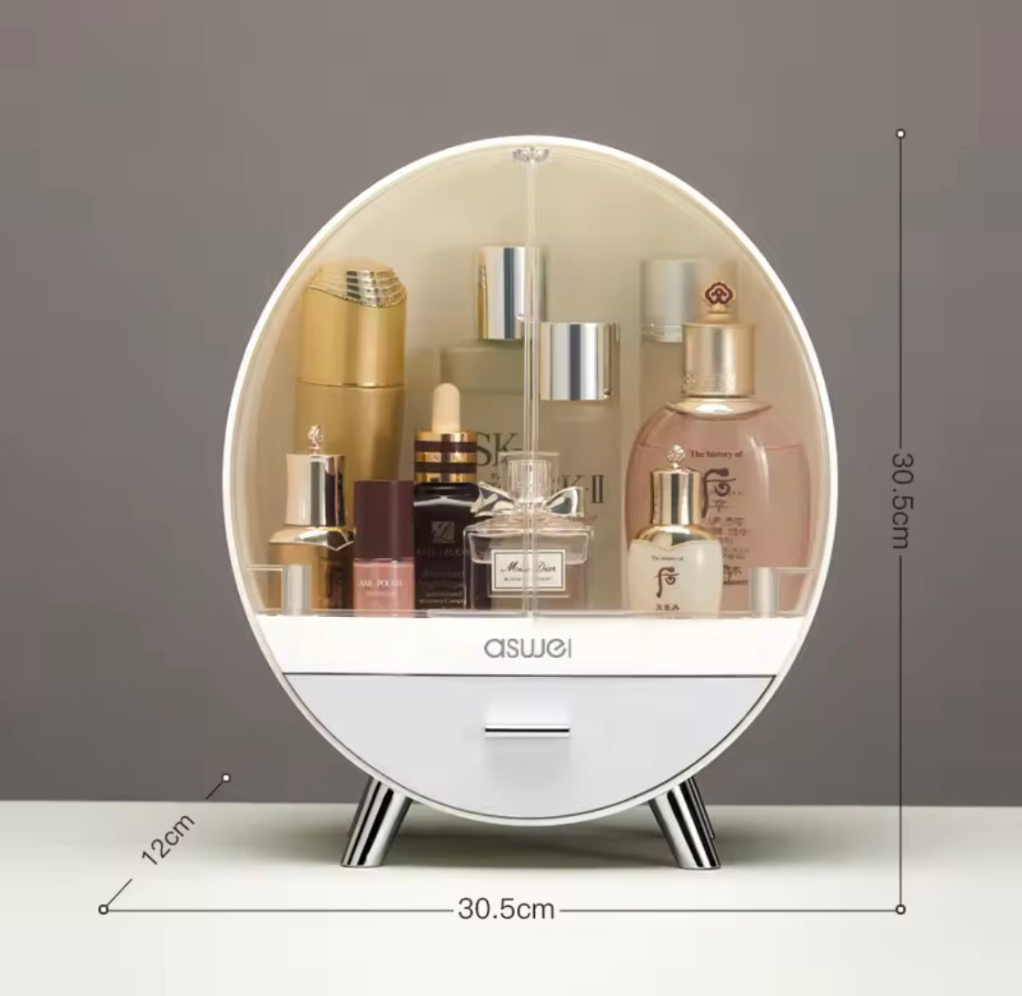 Oval Shape Cosmetic Organizer With Drawer, Makeup Sundries Storage Organizer, Cosmetic Display Case, Dust Proof Storage Rack