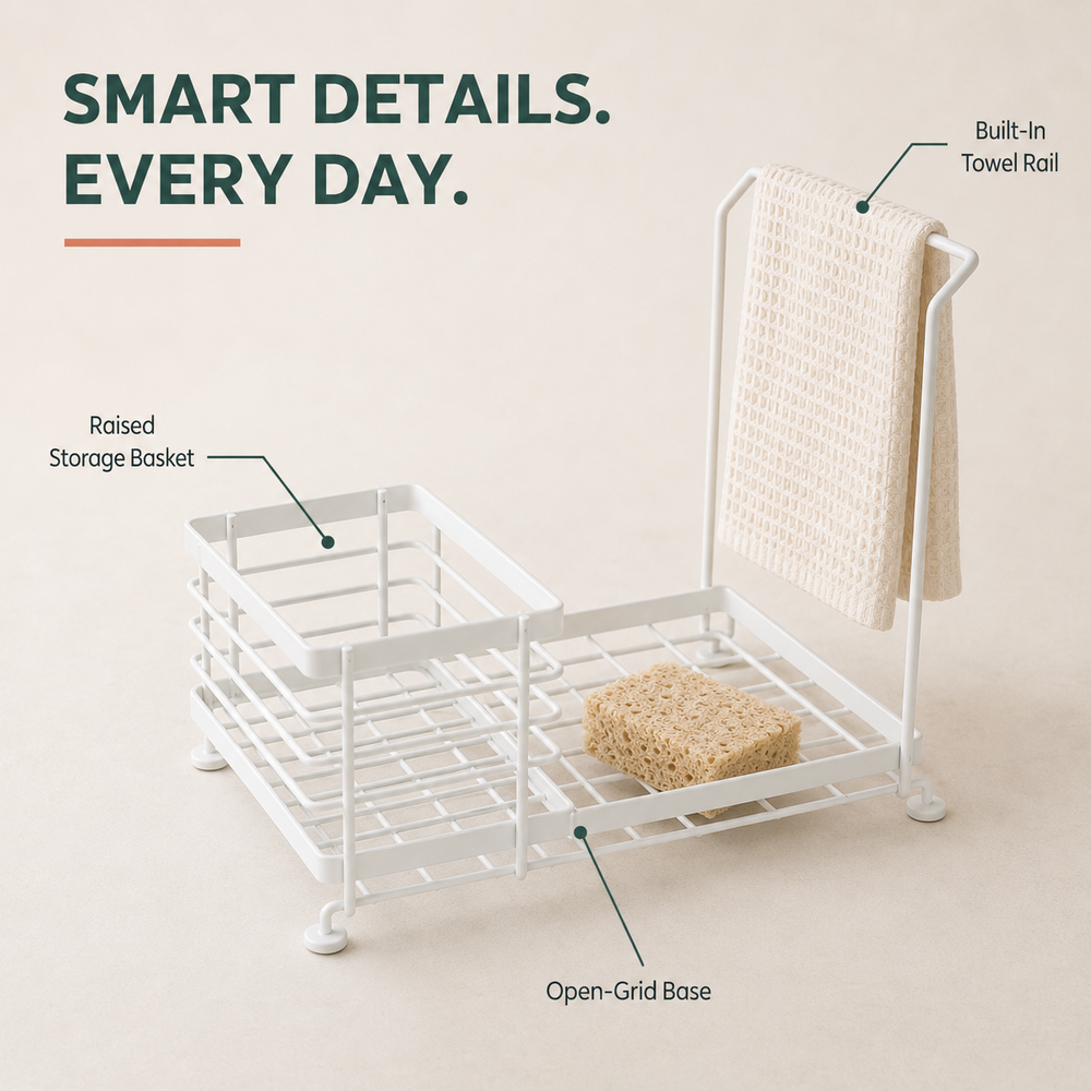 Kitchen Sink Caddy Organizer with Towel Holder, 2 In 1 Kitchen Sink Storage Rack, Space Saving Sink Storage Rack, Sink Caddy Organizer