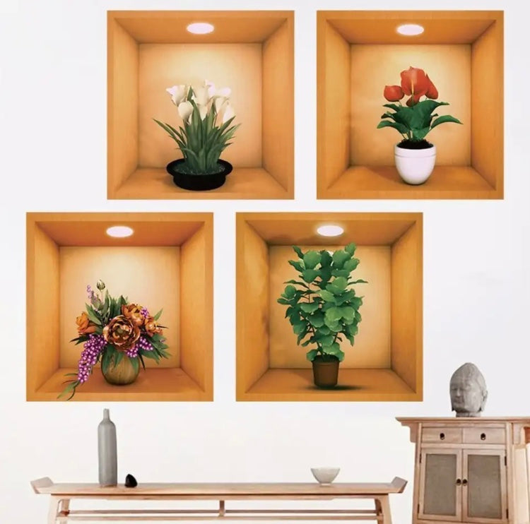 Set Of 3 Potted Plant Wall Sticker, 3D DIY Room Scene Decoration Sticker, Remove Self Adhesive Wall Decals