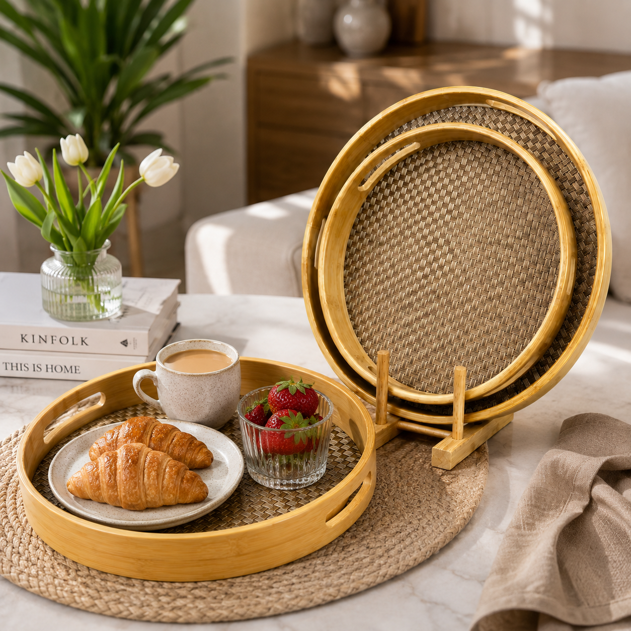 Set Of 3 Premium Rattan Bamboo Tray, Bamboo Woven Serving Tray Set, Handcrafted Bamboo Beverage Tray Set