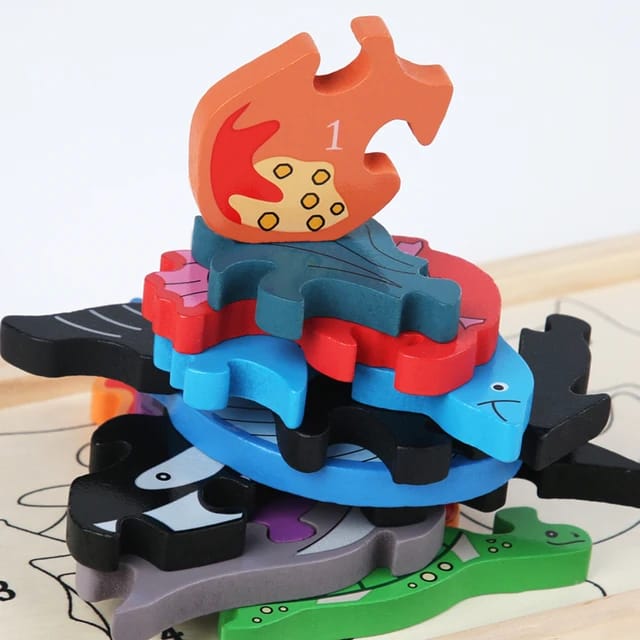 Wooden 3D Animals Puzzle Toy, Stacked Balance Block Board Sensory Game, Shape Matching Educational Toy