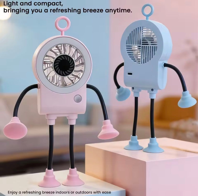 Portable Robot Shape Fan with Suction Cup Stand, Rechargeable LED Robot Mini Fan with Suction Cup Legs, Mini Robot Air Circulation Fan, Suction Cup Robot Cooling Fan