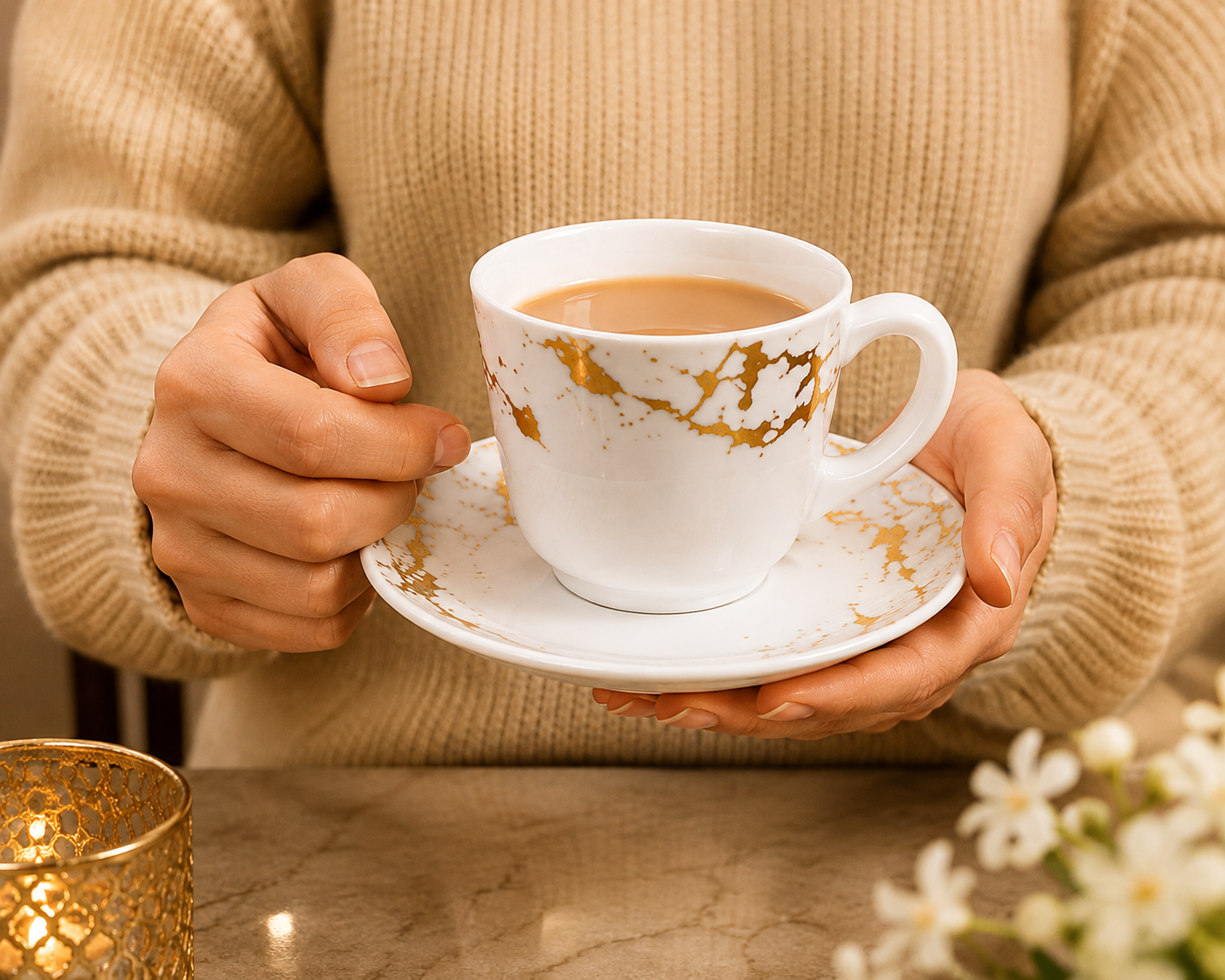 Elegant 6Pcs Tea Cup With Saucer Set, Golden Crackle Design Tea Cup Set, Insulated Coffee Mug, Coffee Glass