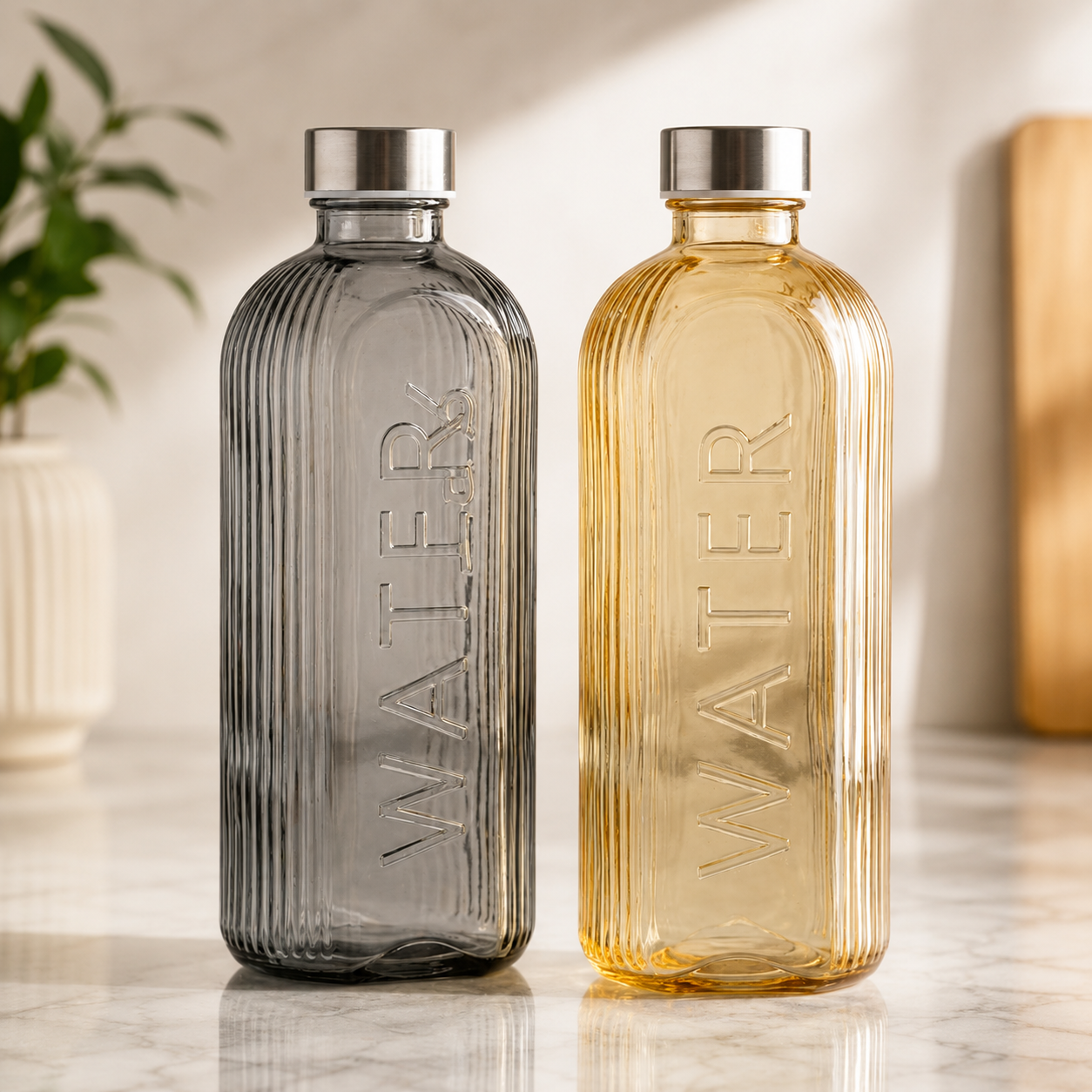 Classic Ribbed Glass Beverage Bottle, Elegant Glass Water Bottle With Metal Cap, Luxury Ribbed Glass Beverage Flask