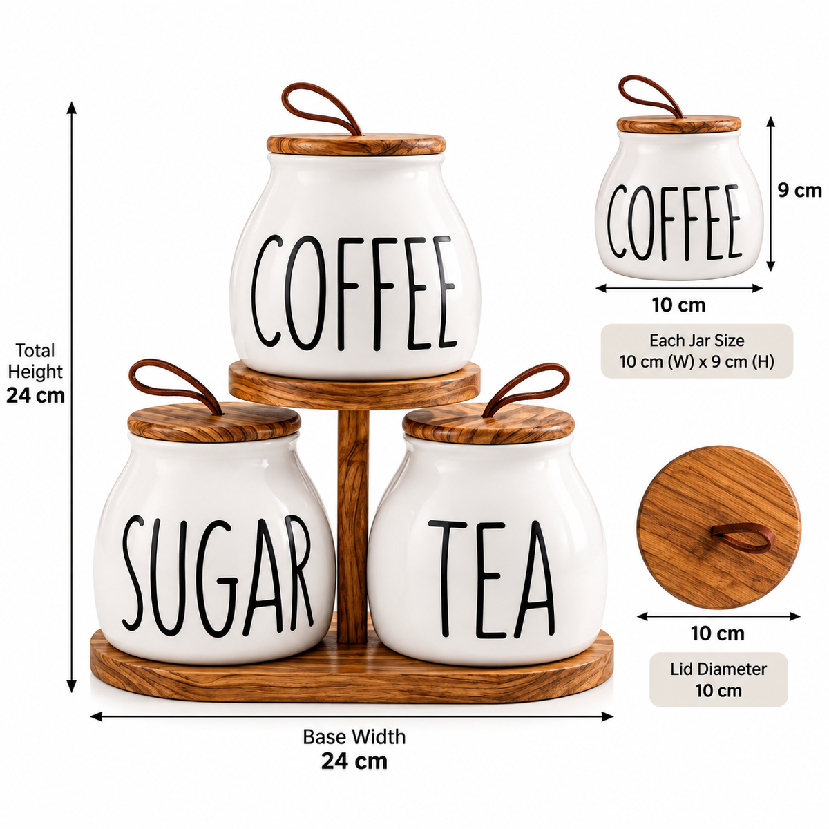 3pcs Coffee Sugar Canister with Wooden Stand, Elegant Tea Coffee Sugar Container Set, Ceramic Kitchen Storage Jars with Wooden Lids, Tea Coffee Sugar Jar Set with Wooden Rack