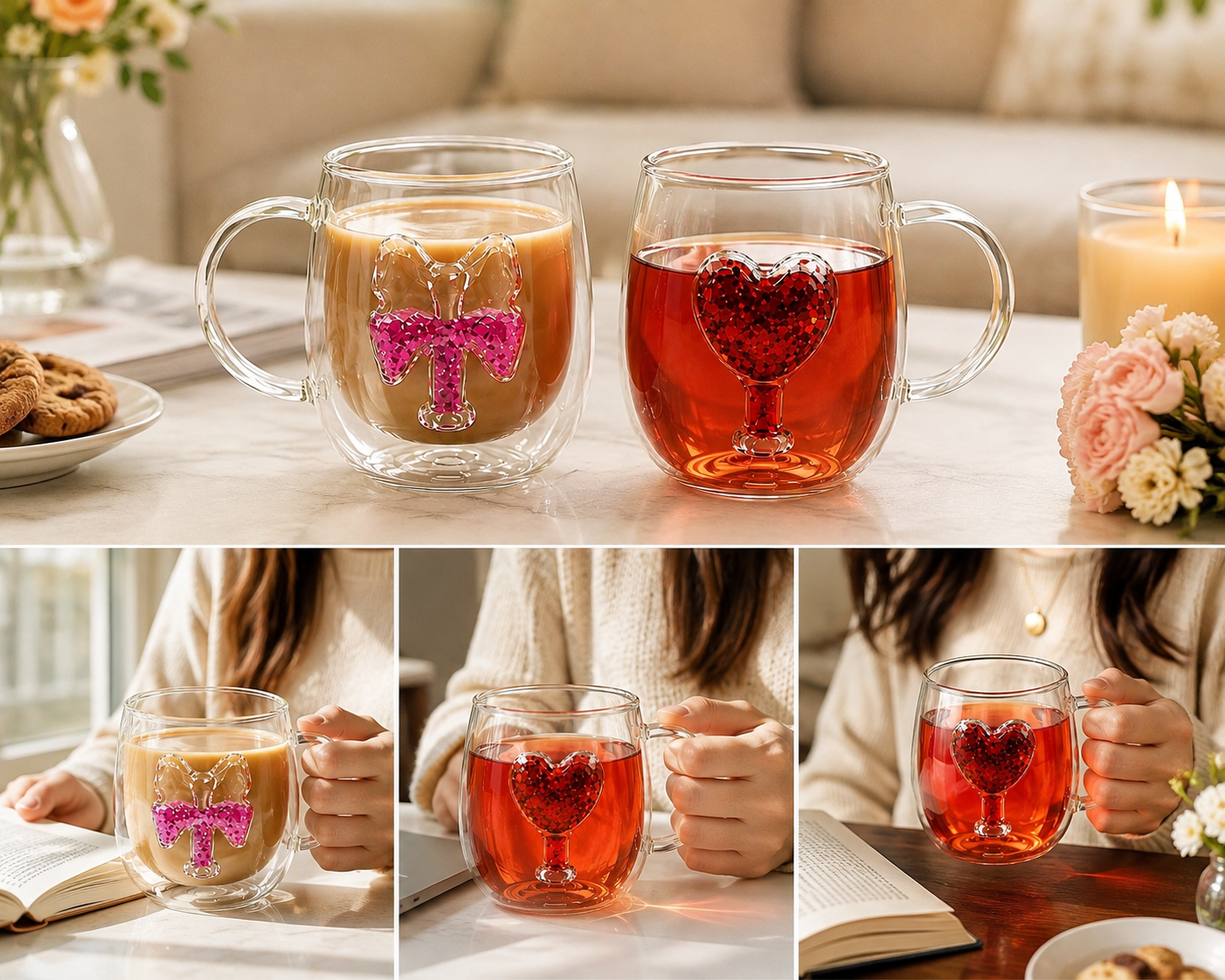 Double Wall Glass Coffee Mug, Transparent Heart & Bow Coffee Mugs, Cute Decorative Glass Tea Cup