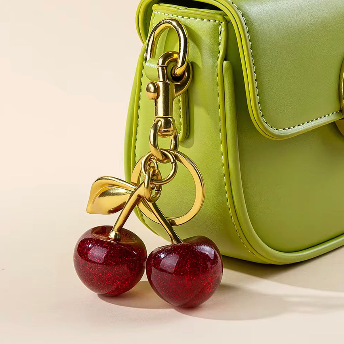 Acrylic Cherry Blossom Keychain, Elegant Gold Cherry Keychain, Fashion Cherry Bag Accessory, Glitter Cherry Charm Keychain For Handbags