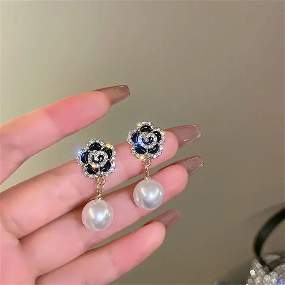 Black Rose Pearl Earring, Luxury's Imitation Flower Pearl Earring, Elegant Charm Flower Dangler Drop Earrings, Adolph Trending Rose Flower Drop Earring