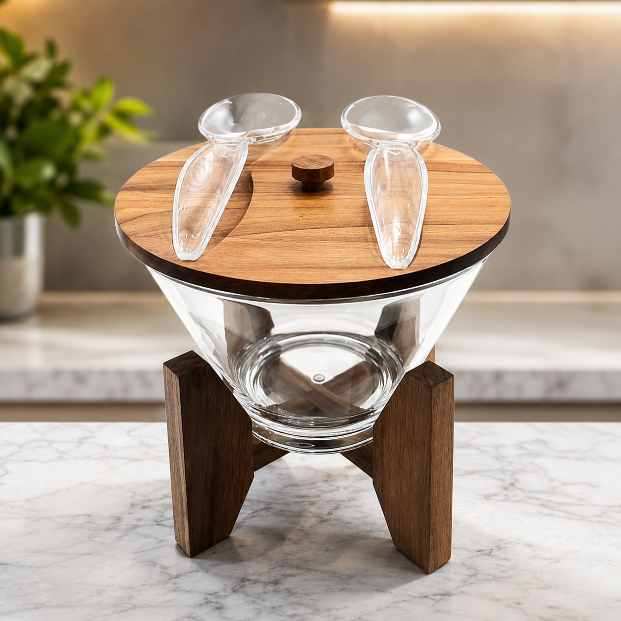 Wooden Stand Glass Snack Bowl, Luxury Glass Nut And Snack Dispenser, Dry Fruit Storage Bowl