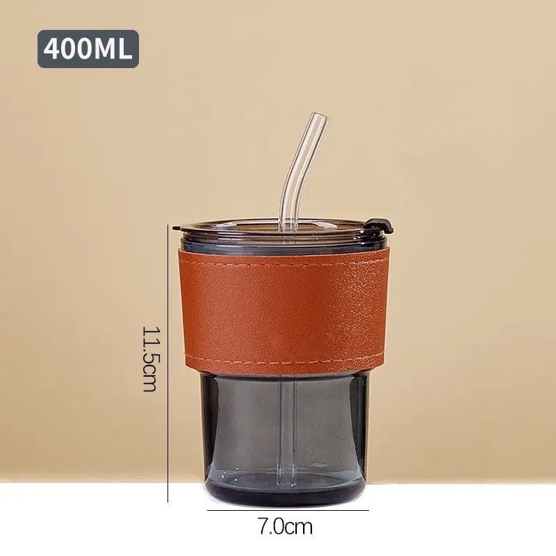 Amber Straw Glass, 400ml Coffee Cup Glass, Leather Sleeves Drinking Cup, Transparent Bubble Tea Cup, Large Capacity Beverage Cup, Home Office Creative Coffee Mug, Coffee Milk Juice Mug with Straws &Lids Kitchen Drinkware