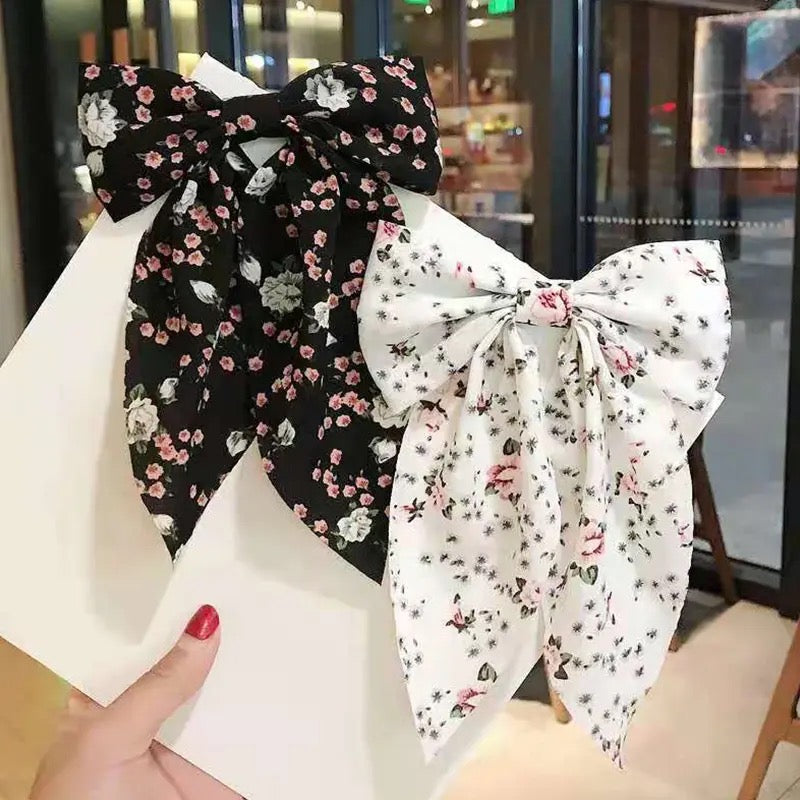 Bow Hair Clip, Scarf Bow Hair French, Elegant Long Tail Hair Barrettes, Non Slip Hair Decorations For Women Girls, Fresh Floral Hairpin, Bowknot Hair Duckbill Clip Accessories