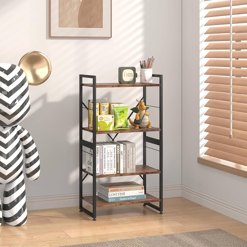 4-Tier Iron Frame Wooden Bookshelf Storage, Multi Layer Storage Rack, Multifunction Kitchen Storage Rack