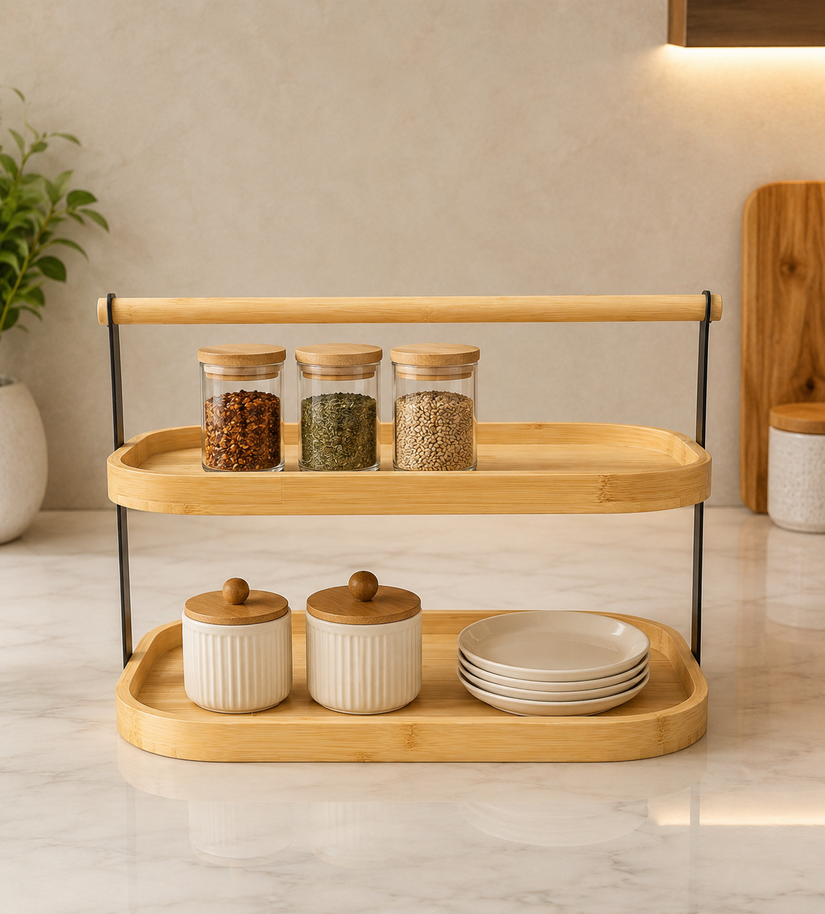 2 Tier Bamboo Kitchen Organizer, Nordic Bamboo Counter Rack, Multifunctional Serving Platter with Handle, Two Tier Serveware Tray