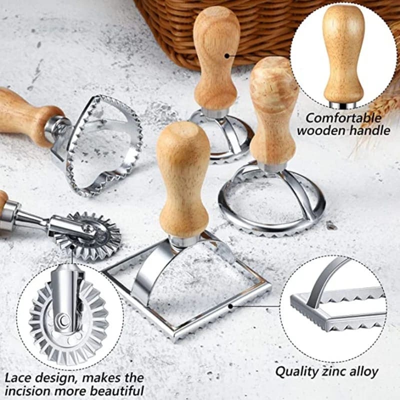 Cookie Stamp Cutter, Professional Ravioli Cutter Set with Wooden Handle, DIY Decoration Fondant Press Cutter, Press Mold Dumpling Lace Embossing Device