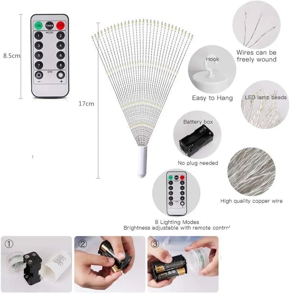 Fire Works String Light, 120 LED Copper Wire Firework Lights, Battery Operated Fairy String Lights with Remote, Waterproof Starburst Firework Garland String Lights