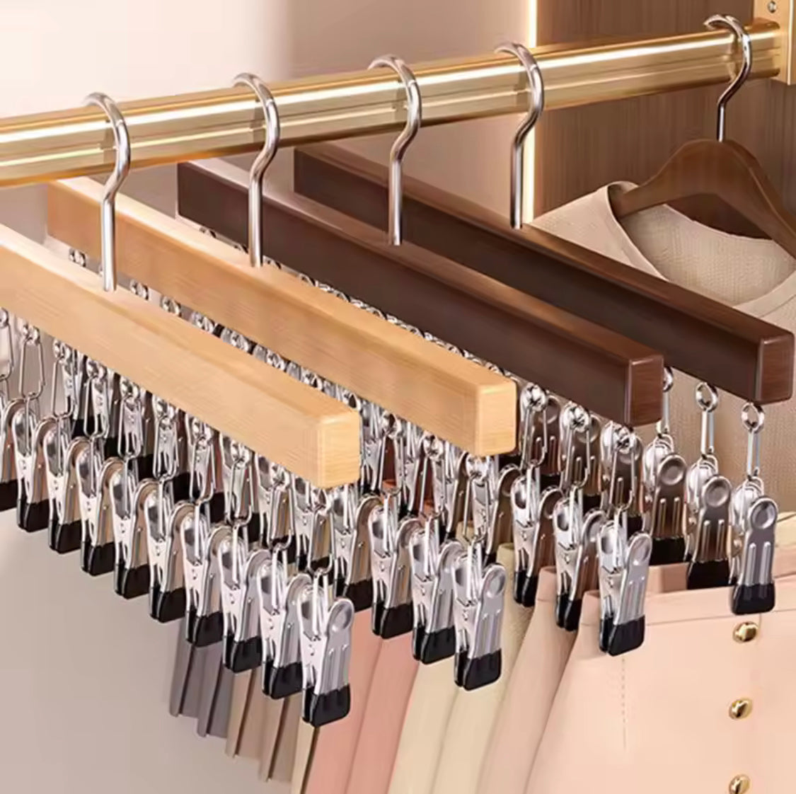 12 Clips Hanging Closet Organizer, Wooden Clip Pants Hanger, Anti Slip Clip Hanger Rack, Heavy Duty Clothes Clip Hanger