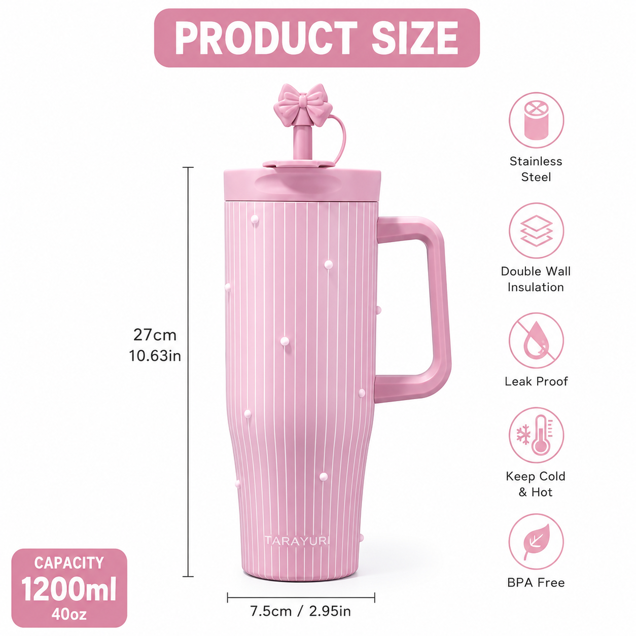 PearlMist 40oz Insulated Tumbler,     Cute Ribbon Style Thermal Cup, Large Capacity Aesthetic Water Cup with Handle
