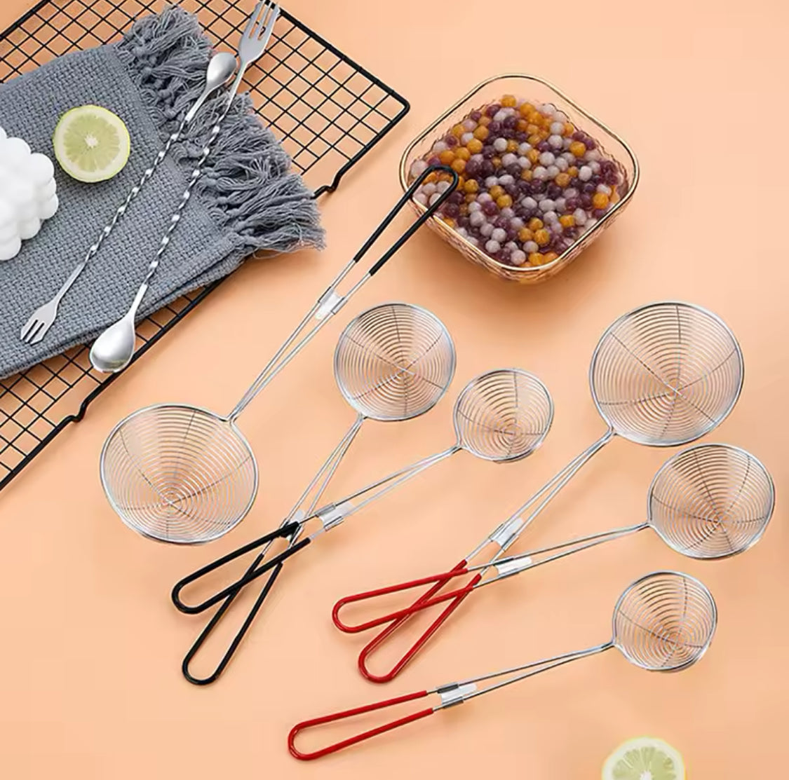 Long Handle Fry Strainer, Long Handle Skimmer, Oil Strainer Spoon, Fry Item Spatula, Cooking Fry Spoon