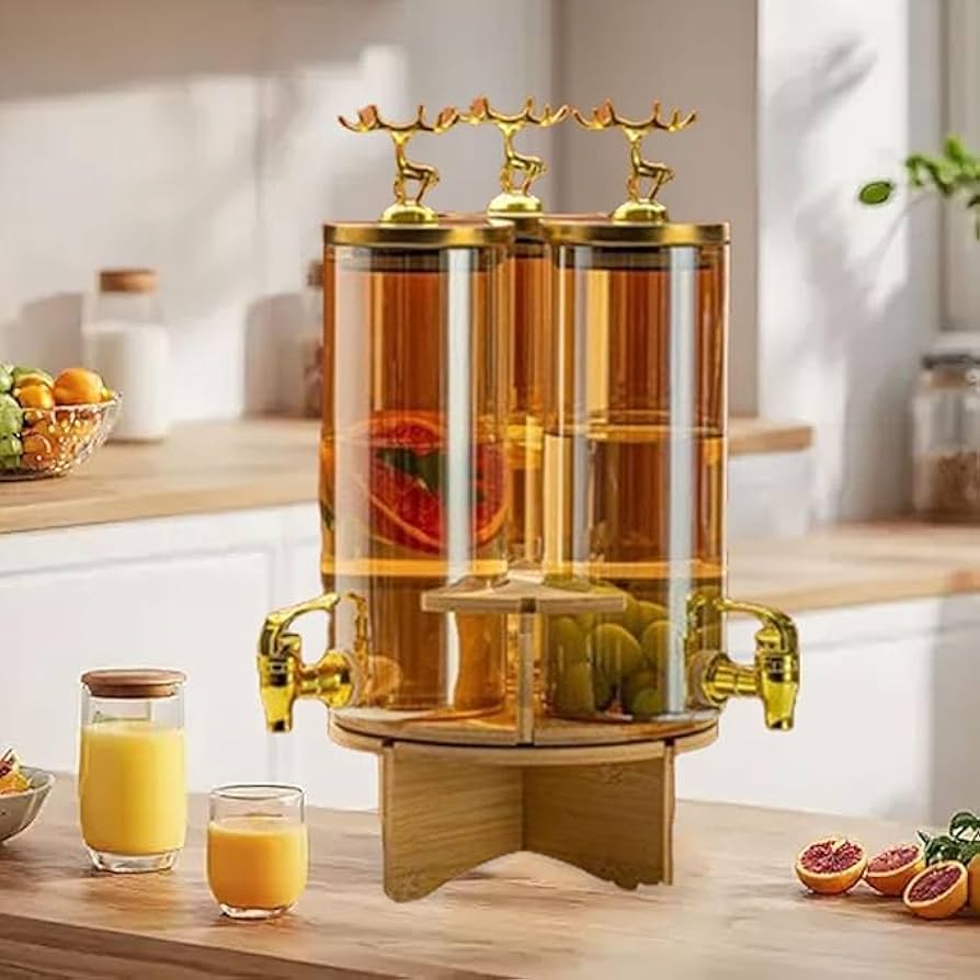3 In 1 Rotating Glass Beverage Dispenser With Deer Lid,  High Borosilicate Beverages Dispenser With 3 Tap, Glass Beverage Dispenser Set with Stand, Tabletop Beverage And Water Dispenser, Water Storage Glass Dispenser, Beverage Storage Jar