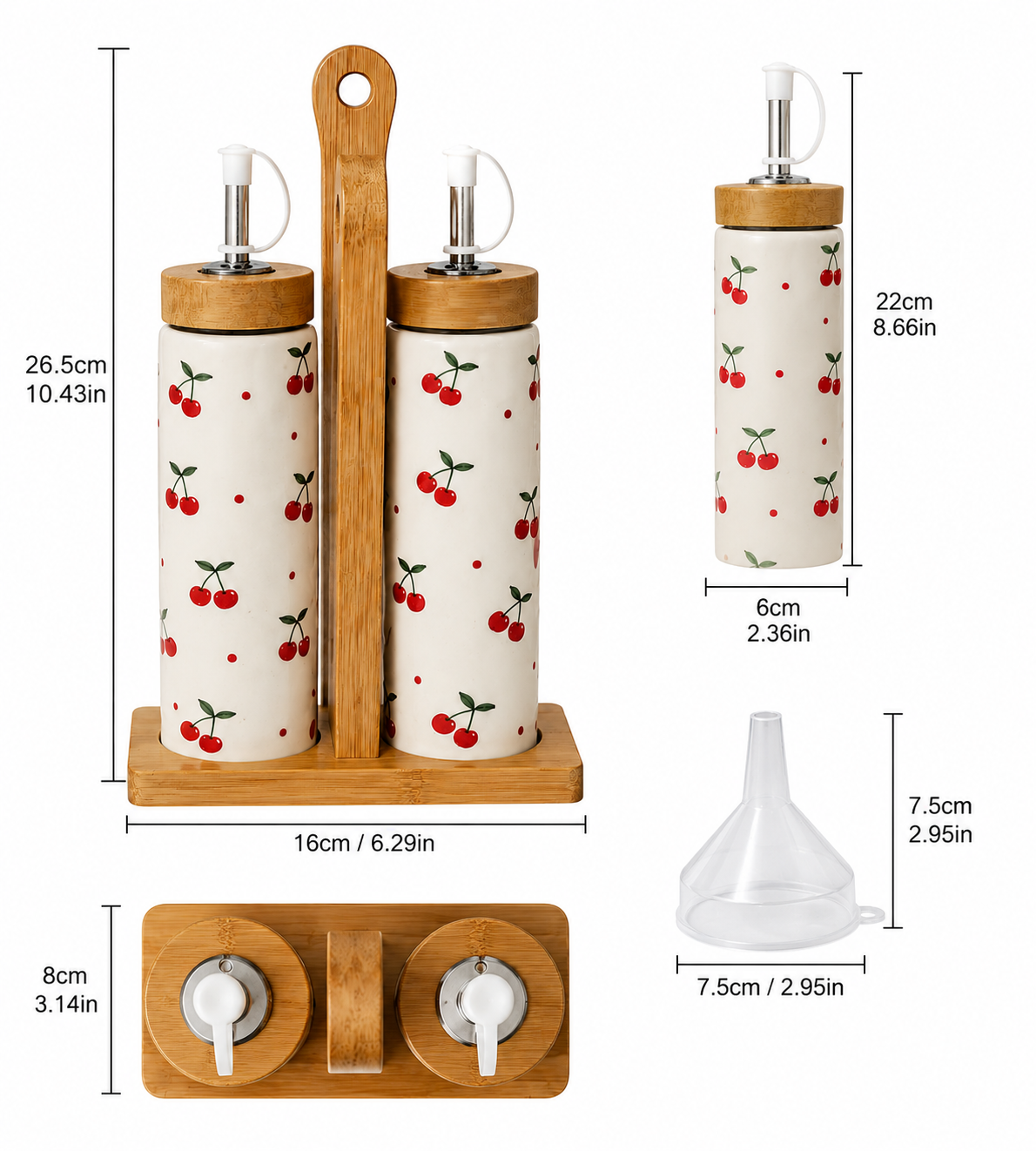 2pcs Ceramic Oil And Vinegar Dispenser Set, Cherry Print Ceramic Oil Dispenser with Bamboo Stand, Oil Vinegar Cruet Set Bamboo Holder