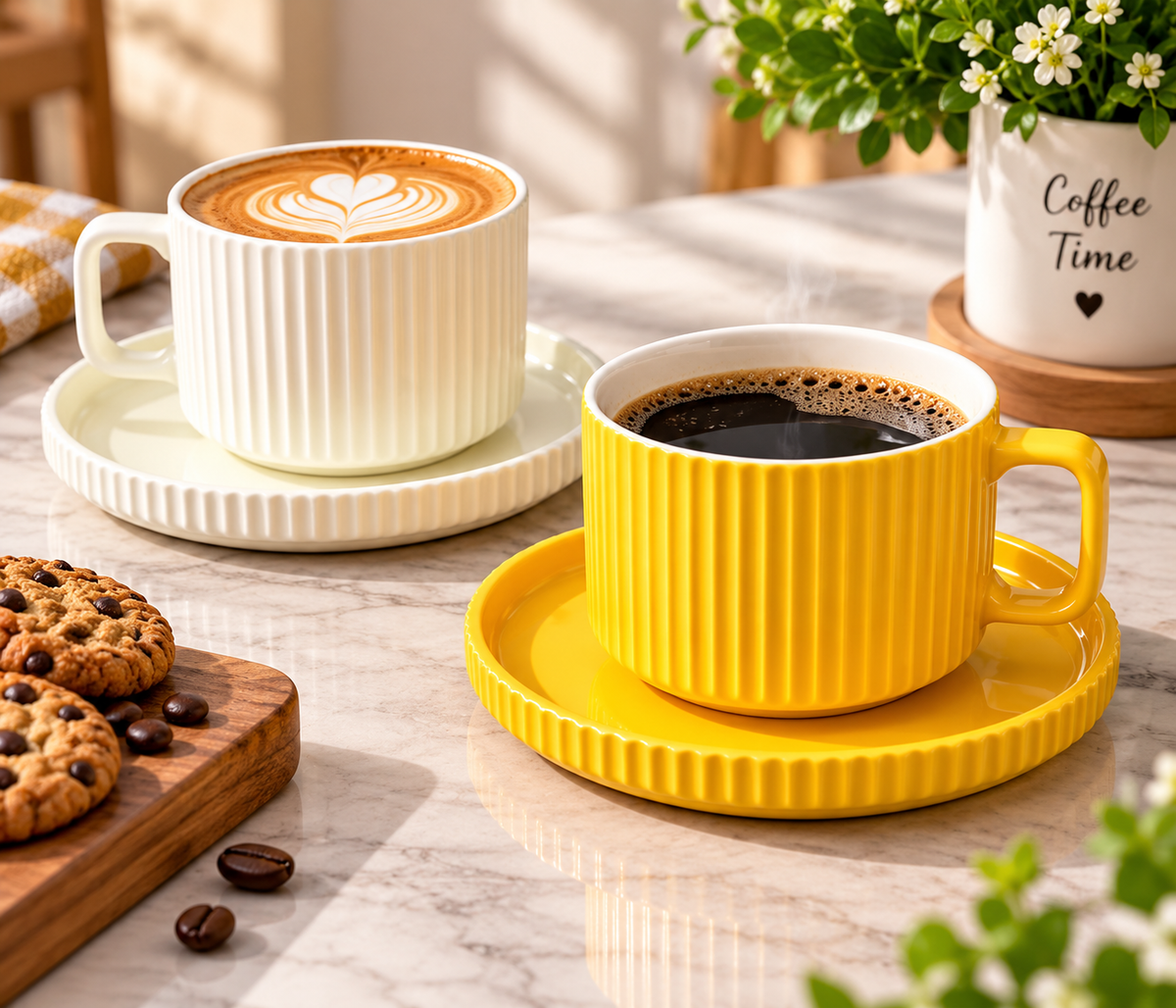 8pcs Ceramic Ribbed Coffee Cup With Saucer Set, Fluted Ceramic Mug with Matching Saucer, Vintage Fluted Cup And Saucer Set