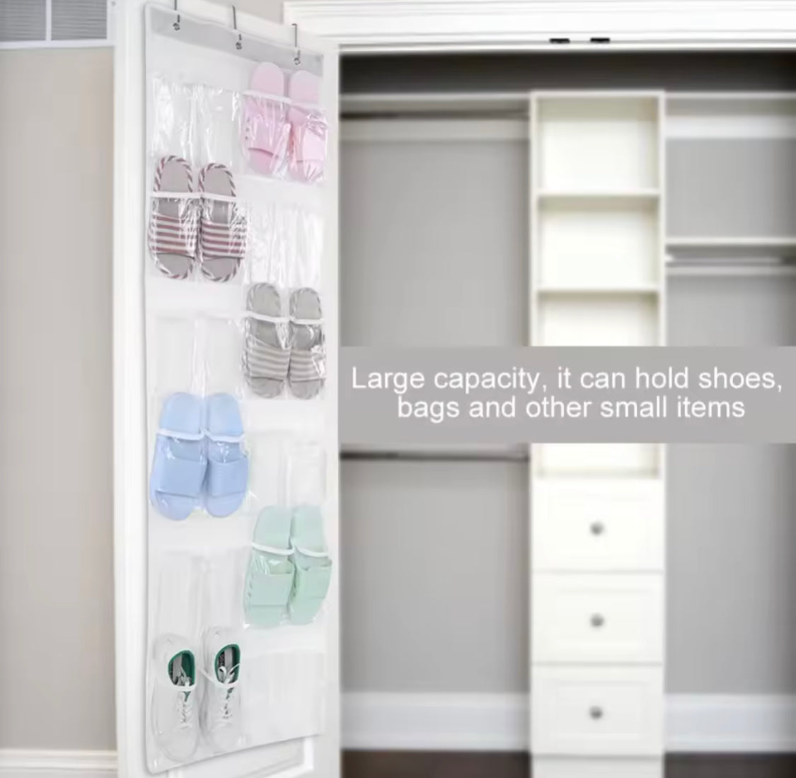 24 Pockets Transparent Over The Door Hanging Storage Organizer, Non Woven Space Saving Shoes Organizer, Multipurpose Transparent Storage Holder