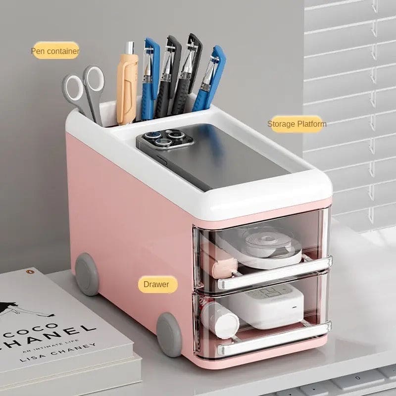 Cute Bus Style Desktop Organizer, 2 Layer Pull Out Clear Drawer Box, Multifunctional Supplies Stationery Pencil Container, Large Capacity Visible Storage Organizer, Dresser And Home Sundries Storage Holder