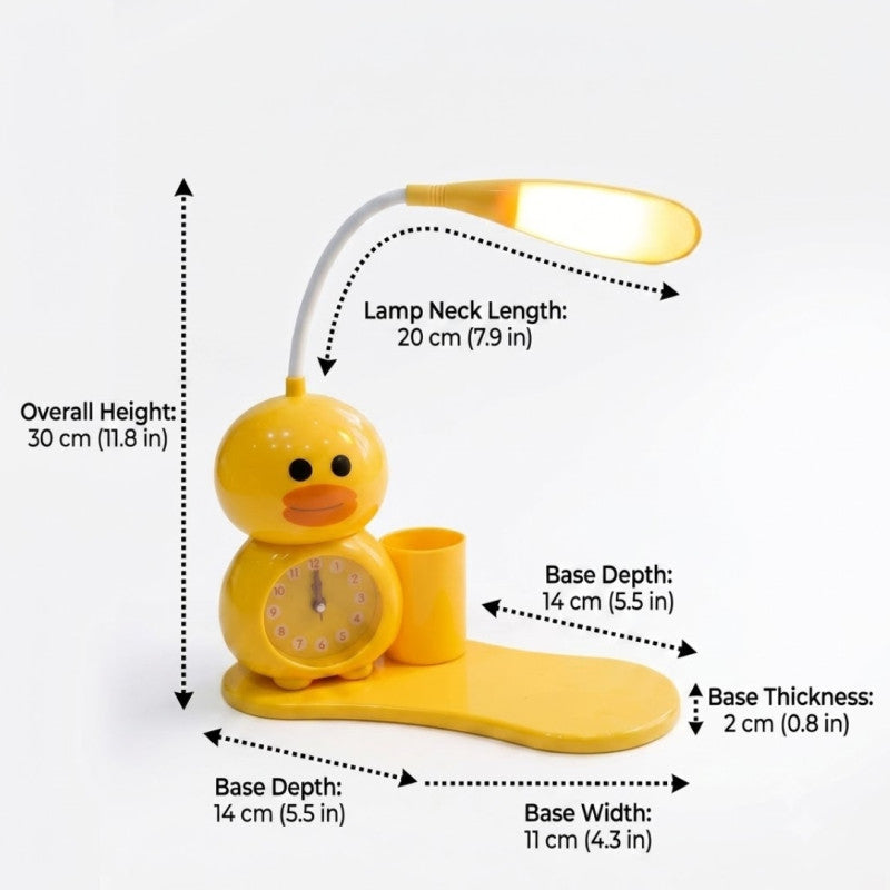 Cute LED Desk Lamp with Clock And Pen Holder, Kids LED Reading Lamp with Clock & Desk Organizer, Adjustable Duck LED Study Light for Kids