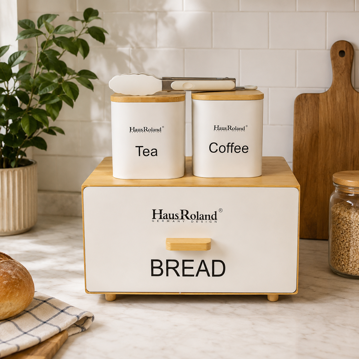 Wooden Bread Box And Tea Coffee Storage Set, Multipurpose Bread Storage Canister Set, Kitchen Bread Box Storage Set, Kitchen Counter Bread Box Organizer
