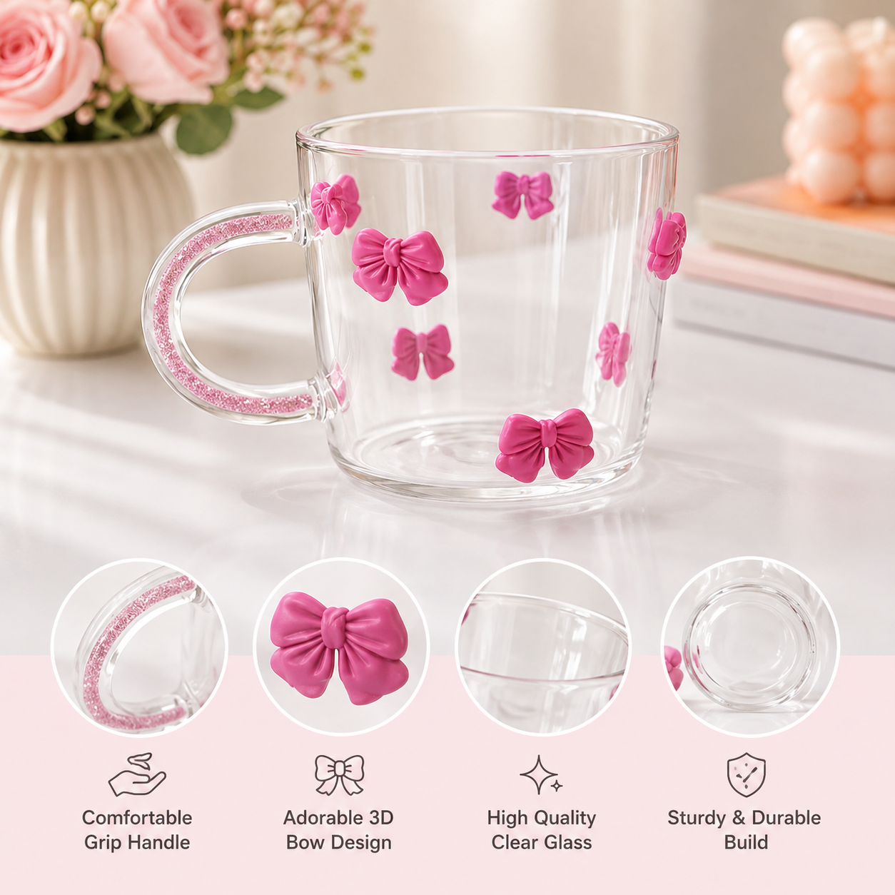 Cute 3D Bow Design Glass Cup, Aesthetic Bow Transparent Glass Mug, Elegant Coffee And Tea Cup, Adorable Bow Coffee glass Mug