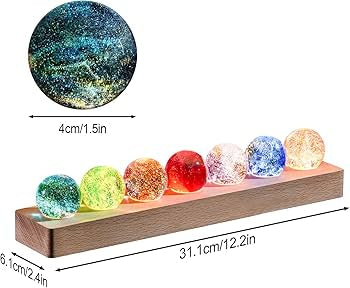 Set Of 7 Luxury Colorful Glass Ball, Crystal Balls With Wooden LED Lamp, Luminous Planet Home Decor Balls