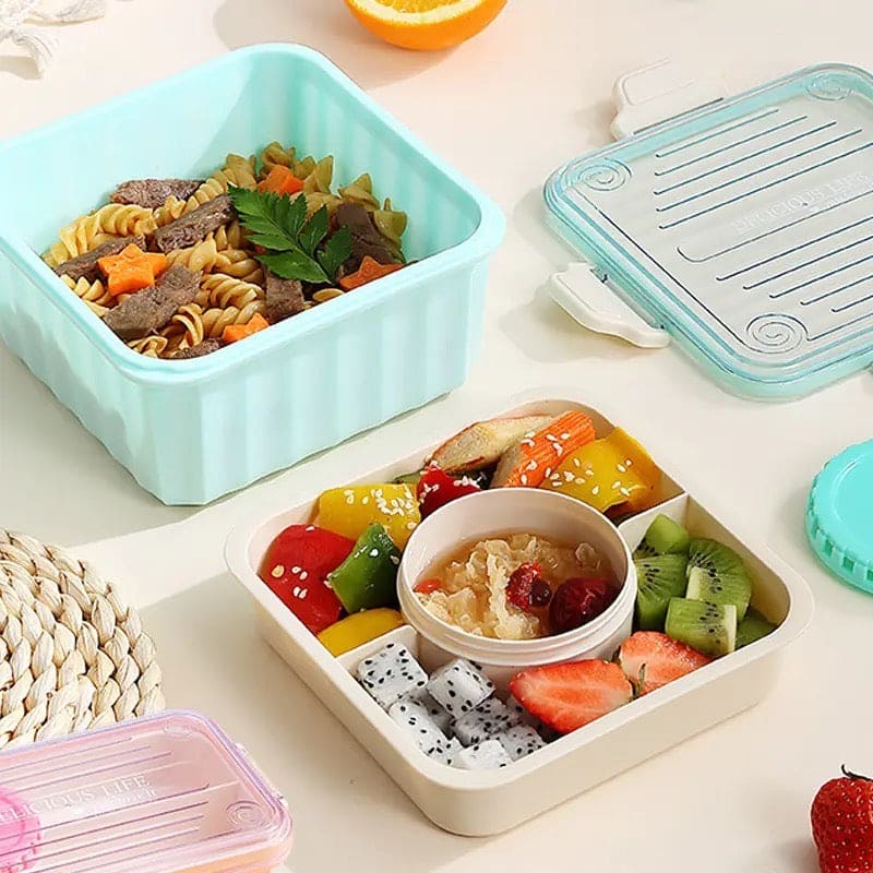 3 Cell Bento Lunch Box, Food Storage Containers, Transparent Lunch Box, Microwave Heating Lunch Box, Food Container Portable Salad Bowl, Leak-Proof Lunch Box with Grid, Food Container for Home, Office, or School