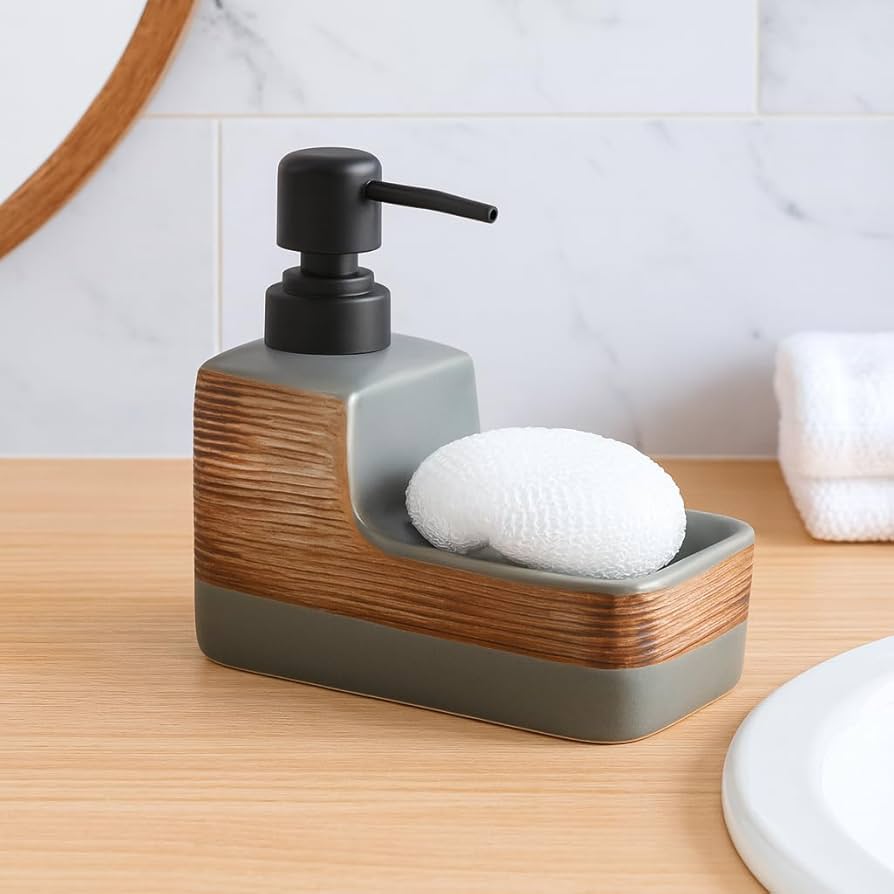 2 In 1 Ceramic Soap Dispenser with Sponge Holder, Elegant Countertop Soap Dispenser Set, Kitchen And Bathroom Soap Pump Organizer