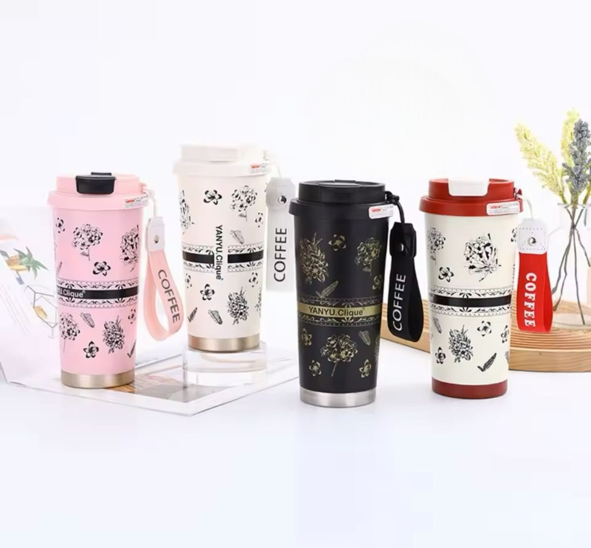 500ml Printed Flower Stainless Steel Thermos Mug, Double Layer Coffee Mug, Double Wall Vacuum Insulated Travel Mug