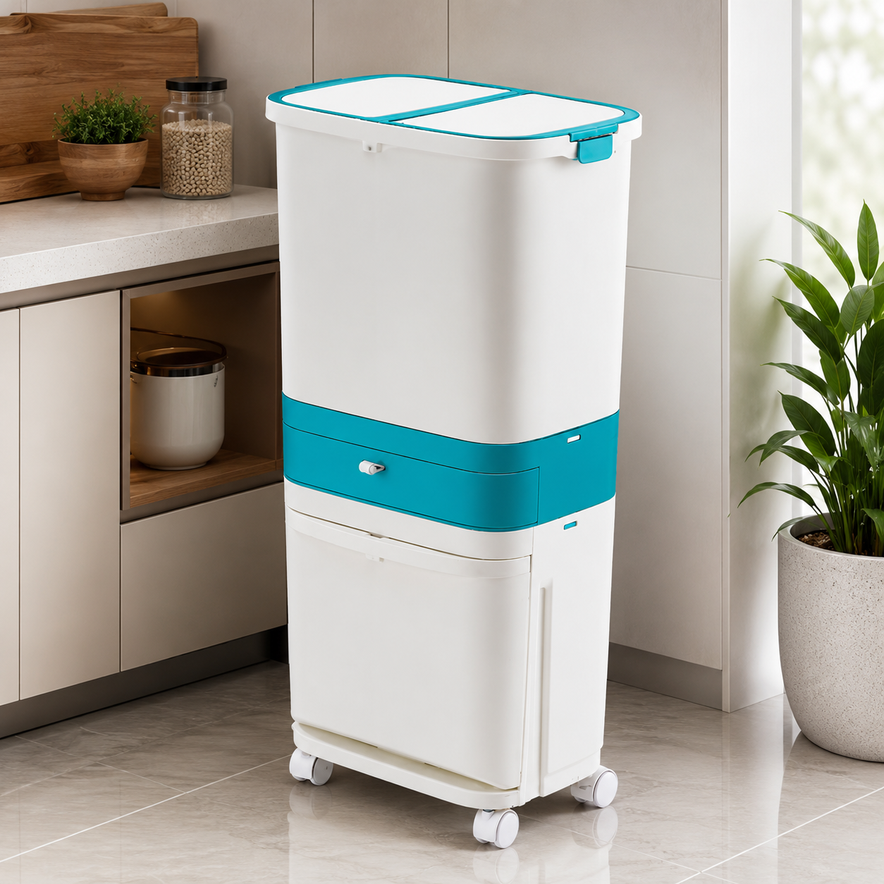3 In 1 Kitchen Waste Bin Organizer, 2 Layers Garbage Container With Wheels, Smart Dual Trash Bin with Storage Drawer, Multi Layer Kitchen Dustbin, Rolling Kitchen Trash Bin with Drawer, Dual Compartment Waste Sorting Bin
