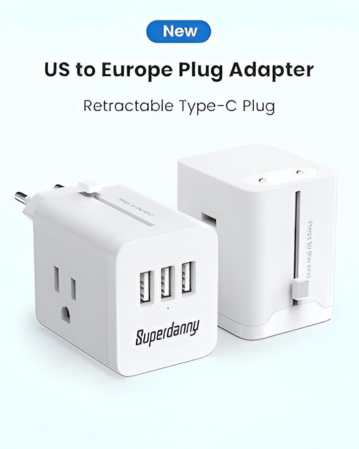 European Travel Plug Adapter, Retractable Plug, 3 USB Charger Adapter