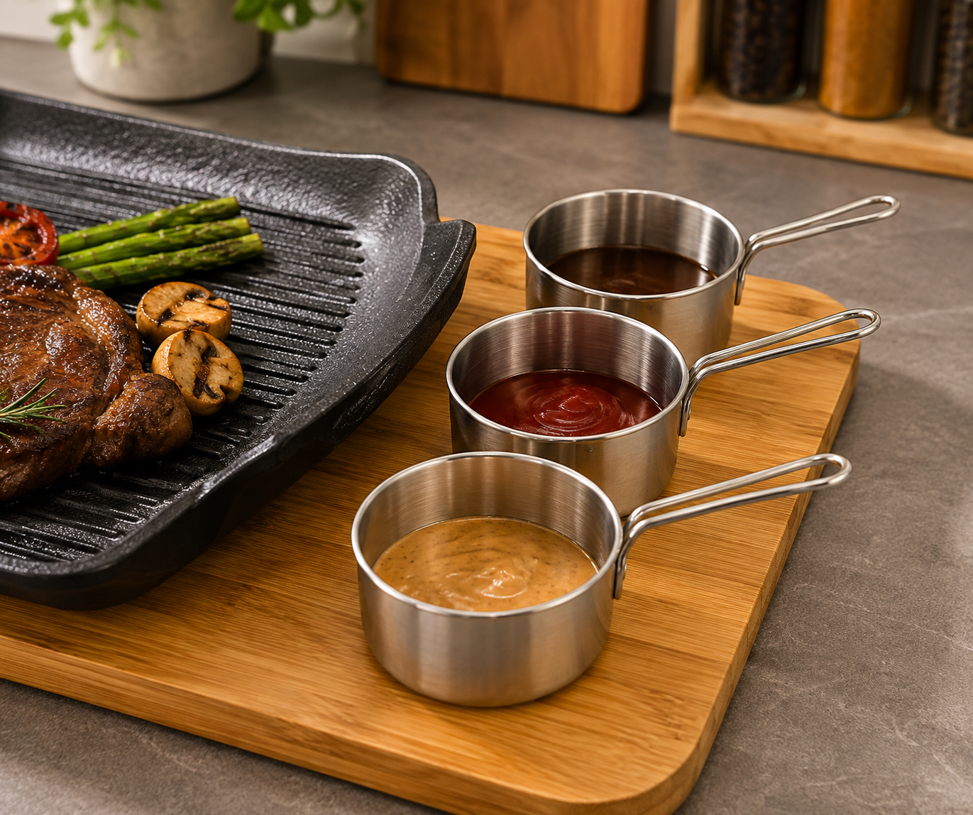 Tabletop Steak Grill Plate with Bamboo Serving Board, 
Korean BBQ Grill Plate Set With Sauce Cups, Steak Grill Plate with Bamboo Tray And Sauce Cups, Portable Korean BBQ Grill Pan Serving Set