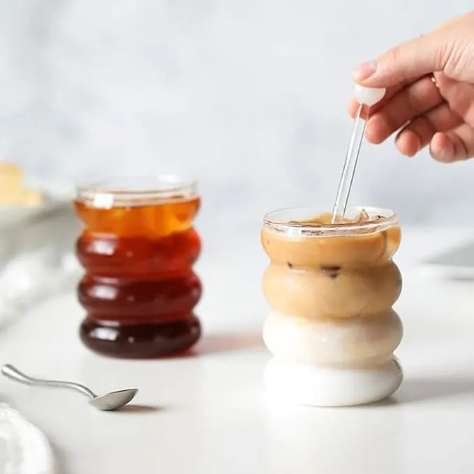 Bubble Glass Tumbler with Lid and Straw, Iced Coffee Mug With Straw With Wooden Lid, Drinking Cup With Lid And Straw