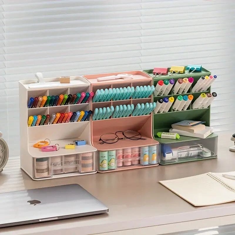 Slop Desktop Storage Box With Drawer, Classify Drawer Type Storage Box, 6 Compartment Multipurpose Organizer With Drawer, Rounded Corners Desk Stationary Organizer, Office School Inclines Desk Pen Organizer