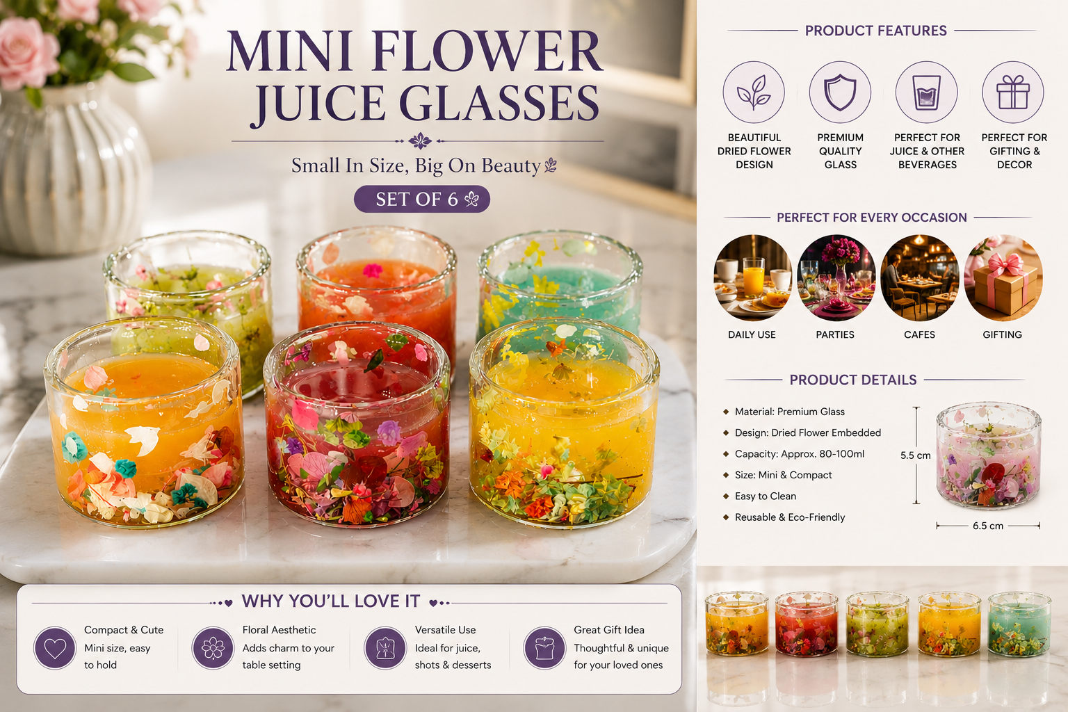 Set Of 3 Luxury Mini Flower Juice Glass, Decorative Floral Glass Tumbler Set, Premium Mini Floral Glass Cup Set