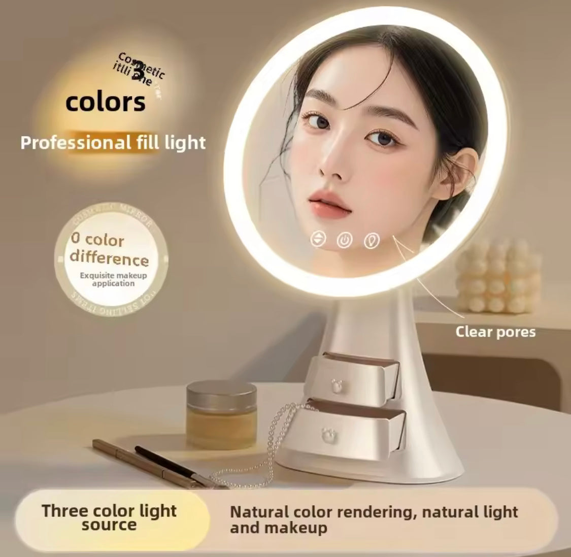 Smart Touch Makeup Mirror With Drawer, LED Light Makeup Storage Box, Jewelry And Cosmetic Display Case With LED Light Mirror, Portable Makeup Organizer