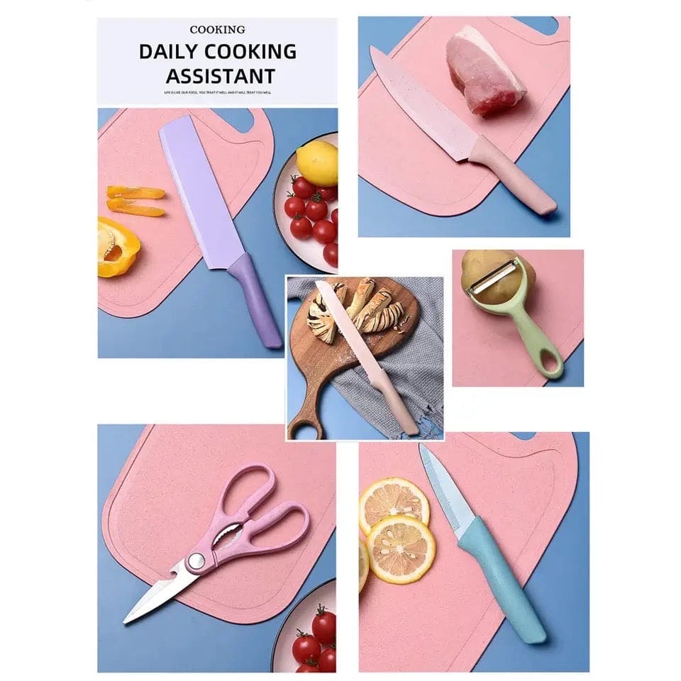 Set Of 6 Macarons Colorful Knife Set, Non-stick Kitchen Knives Set with 1 Scissor & 1 Peeler Stand and Chopping Board, Multicolor Rust-proof Boxed Knife Sets